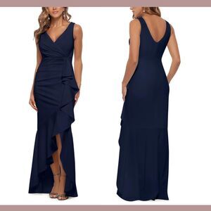 NEW $249 Betsy & Adam [ 10‎ ] V-Neck Cascade Ruffle High-Low Gown in Navy